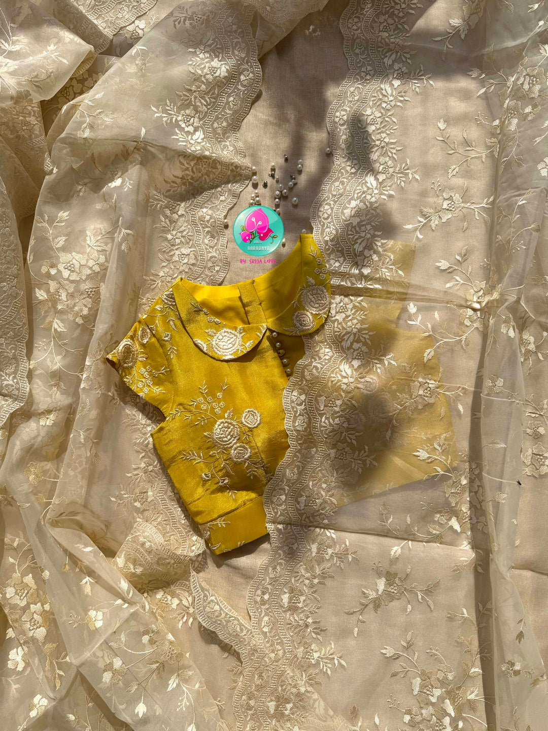 Pastel Sunshine: Thread Embroidered Organza & Luminous Yellow Tissue Masterpiece
