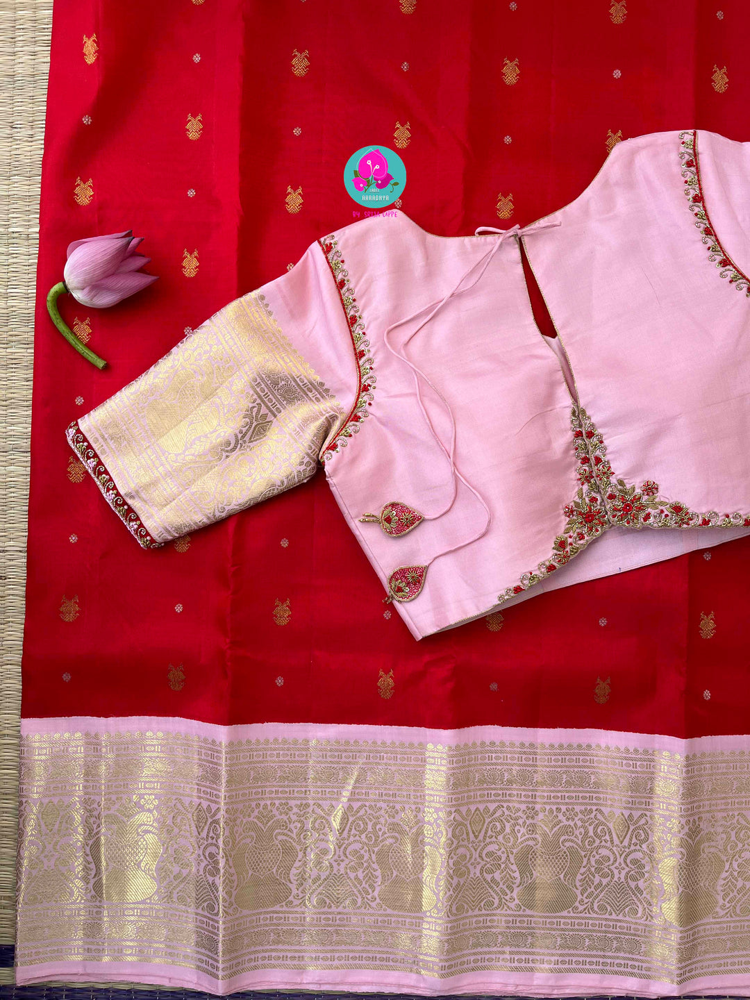Pure Kanchipattu Red Saree with Hand embroidered Pink blouse