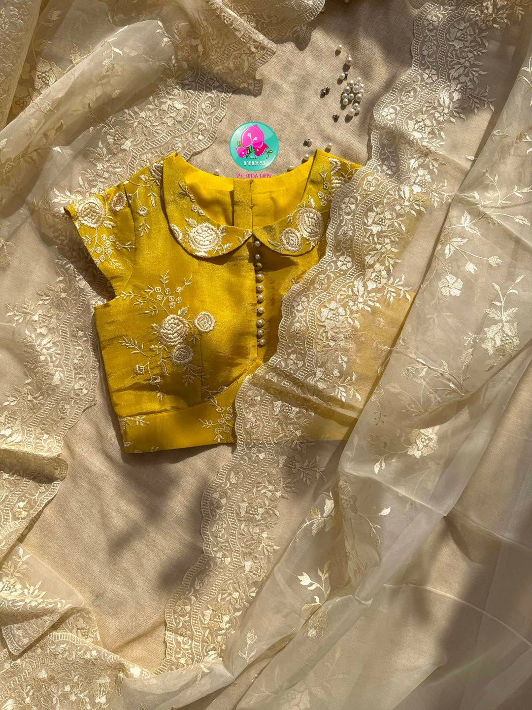 Pastel Sunshine: Thread Embroidered Organza & Luminous Yellow Tissue Masterpiece