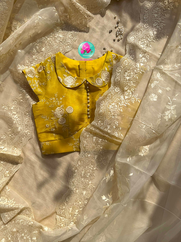 Pastel Sunshine: Thread Embroidered Organza & Luminous Yellow Tissue Masterpiece