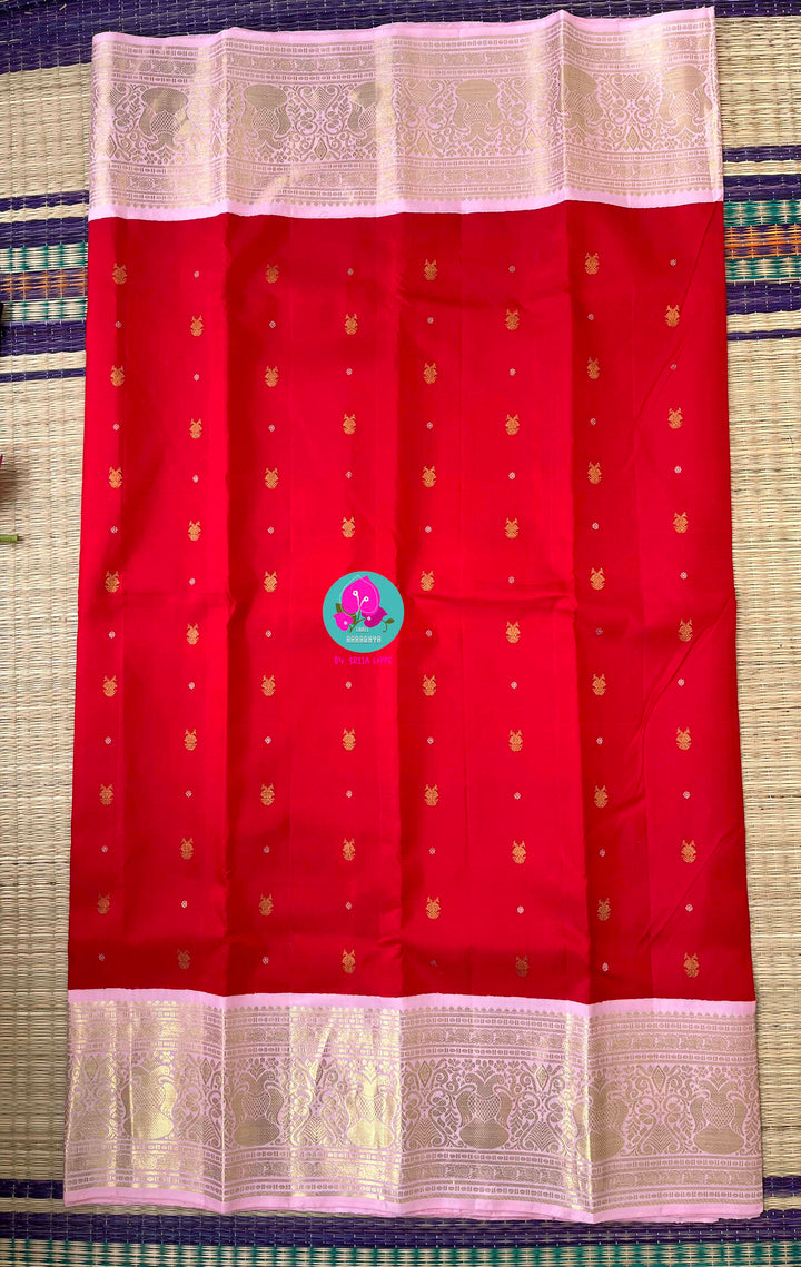 Pure Kanchipattu Red Saree with Hand embroidered Pink blouse