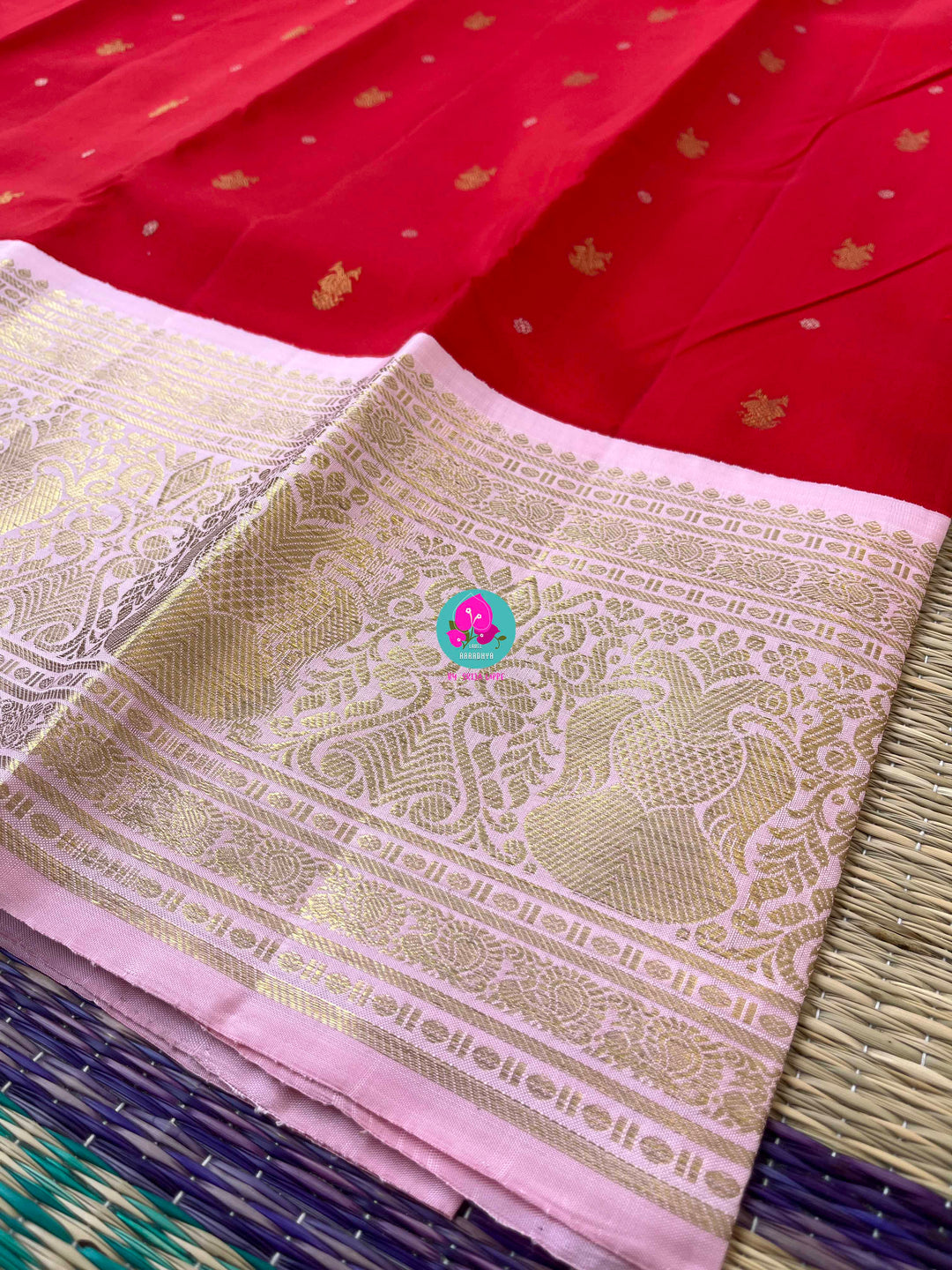 Pure Kanchipattu Red Saree with Hand embroidered Pink blouse