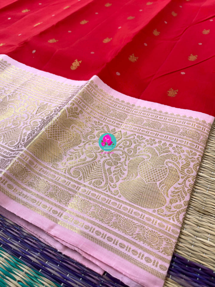Pure Kanchipattu Red Saree with Hand embroidered Pink blouse