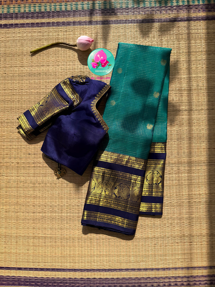 The Teal Needle-Stream: Peacock Green Vaira Oosi Kanchipattu Saree with Hand Embroidered blouse