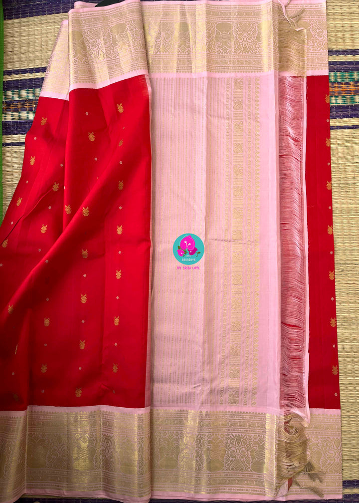 Pure Kanchipattu Red Saree with Hand embroidered Pink blouse