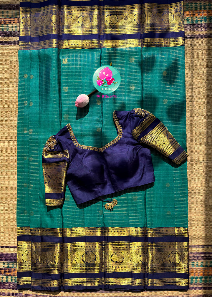 The Teal Needle-Stream: Peacock Green Vaira Oosi Kanchipattu Saree with Hand Embroidered blouse