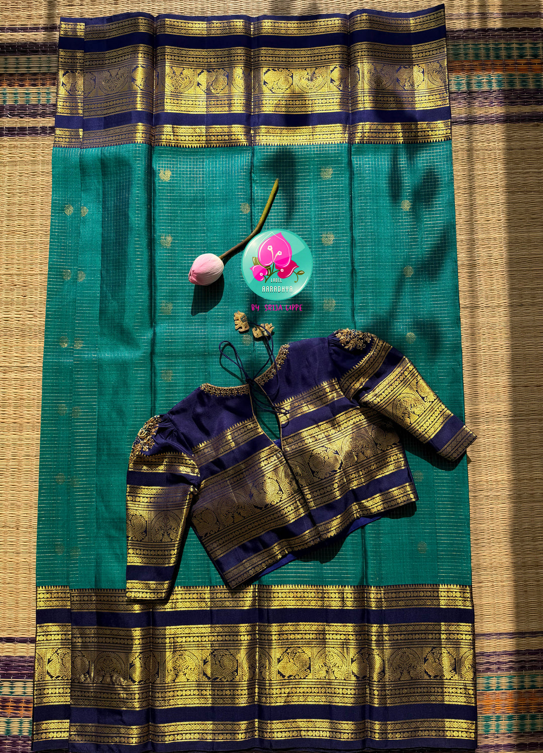 The Teal Needle-Stream: Peacock Green Vaira Oosi Kanchipattu Saree with Hand Embroidered blouse