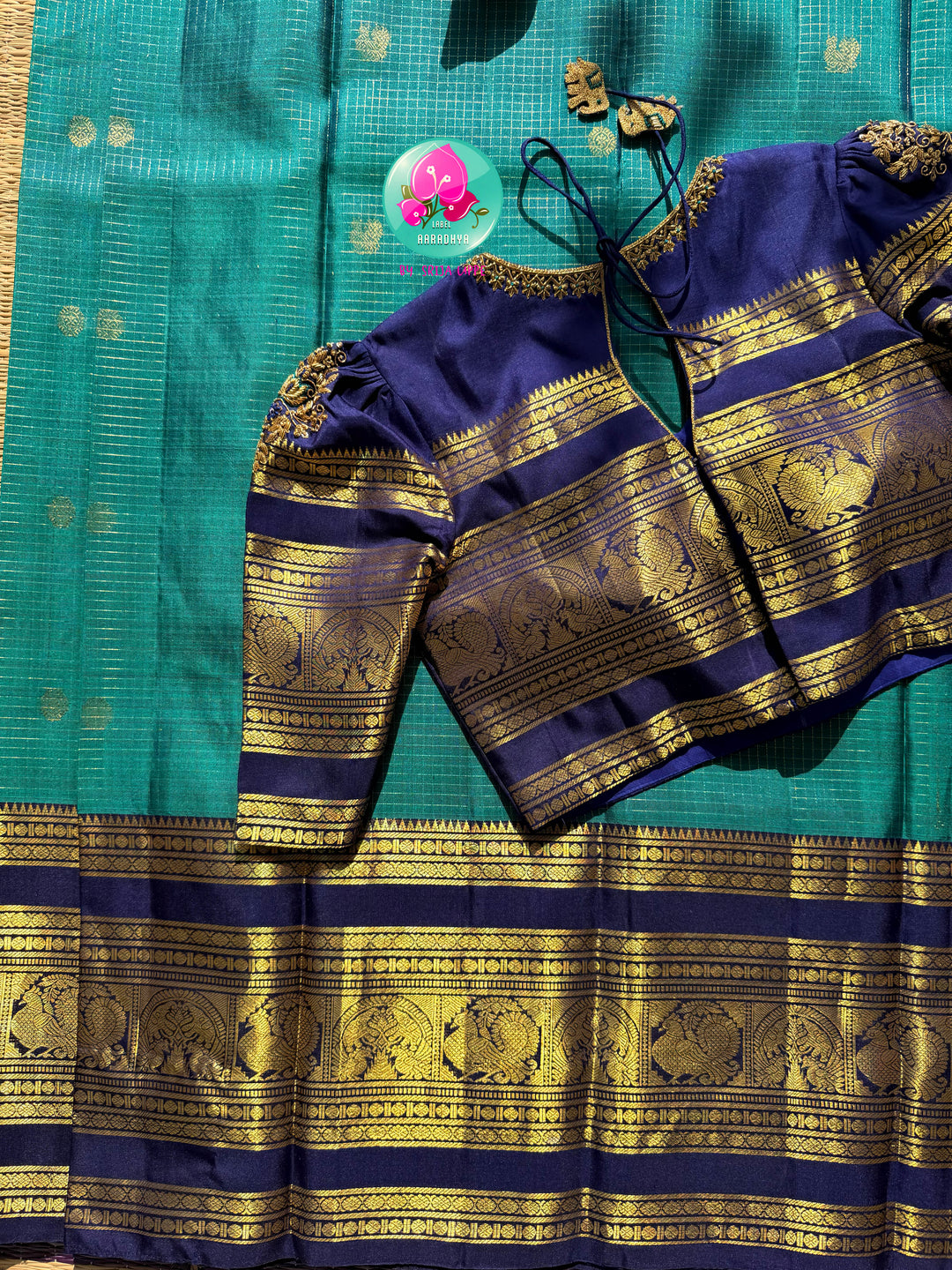 The Teal Needle-Stream: Peacock Green Vaira Oosi Kanchipattu Saree with Hand Embroidered blouse