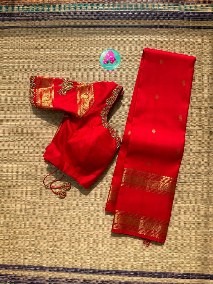 Royal Vermilion: Bright Red Kanchipattu Gap Border Saree & Imperial Peacock Blouse