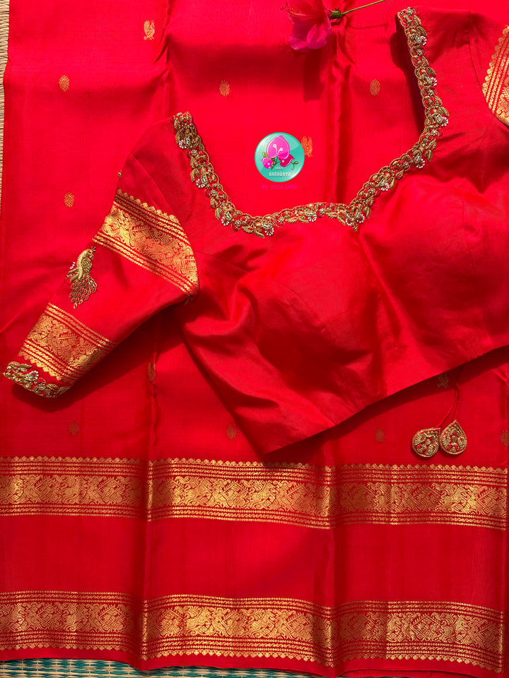 Royal Vermilion: Bright Red Kanchipattu Gap Border Saree & Imperial Peacock Blouse