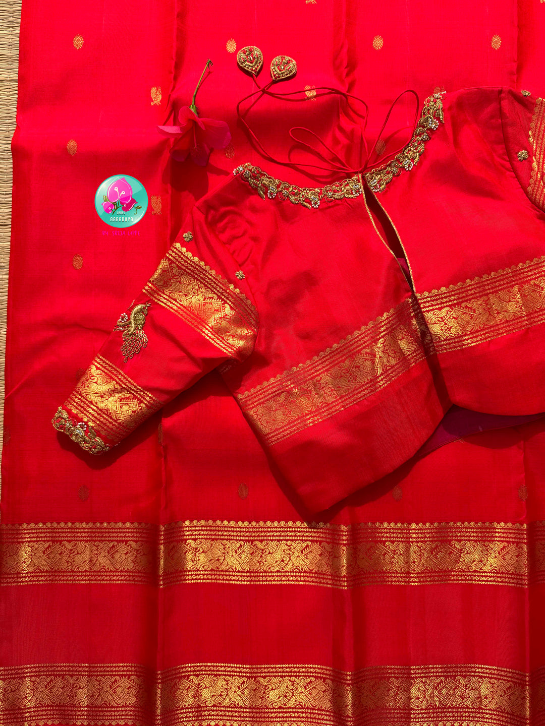 Royal Vermilion: Bright Red Kanchipattu Gap Border Saree & Imperial Peacock Blouse