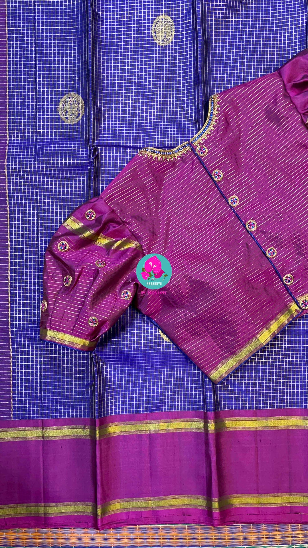 Pure Kanchipattu handloom Saree in classic royal blue paired with Hand embroidered blouse