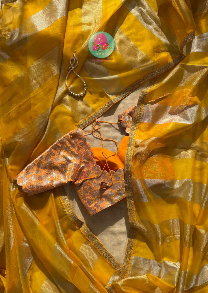 Liquid Sunbeams: The Translucent Yellow Tissue & Rosy Benarasi Symphony