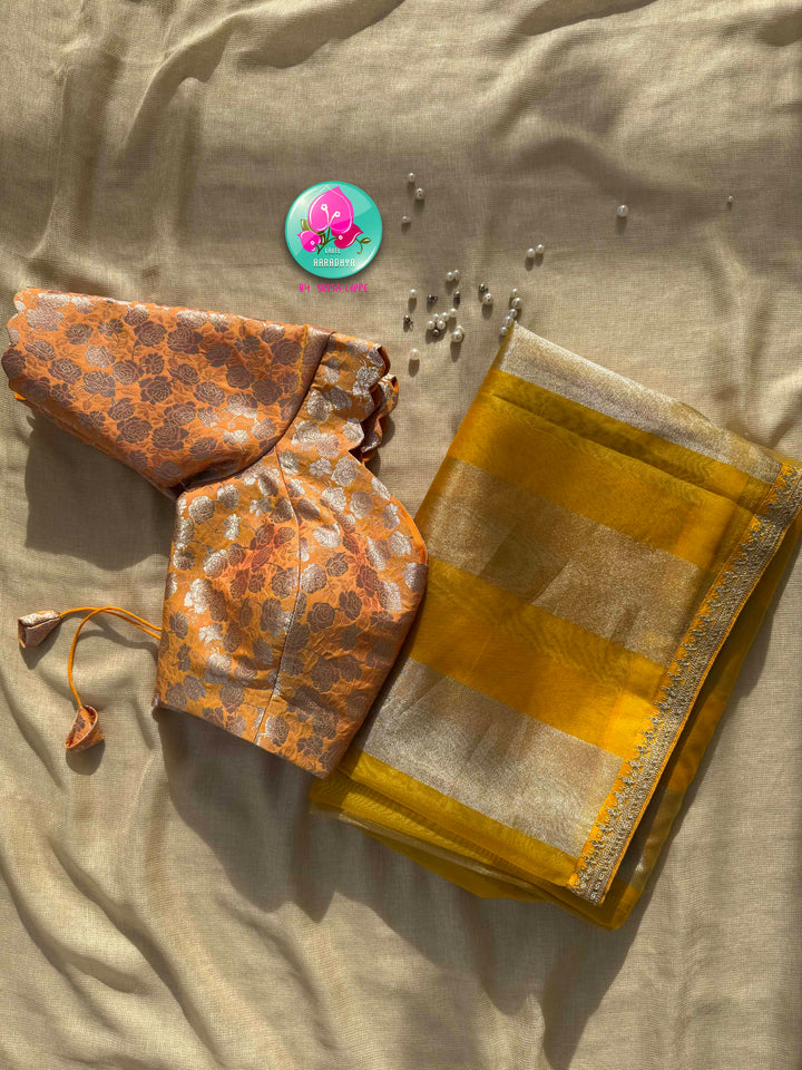 Liquid Sunbeams: The Translucent Yellow Tissue & Rosy Benarasi Symphony