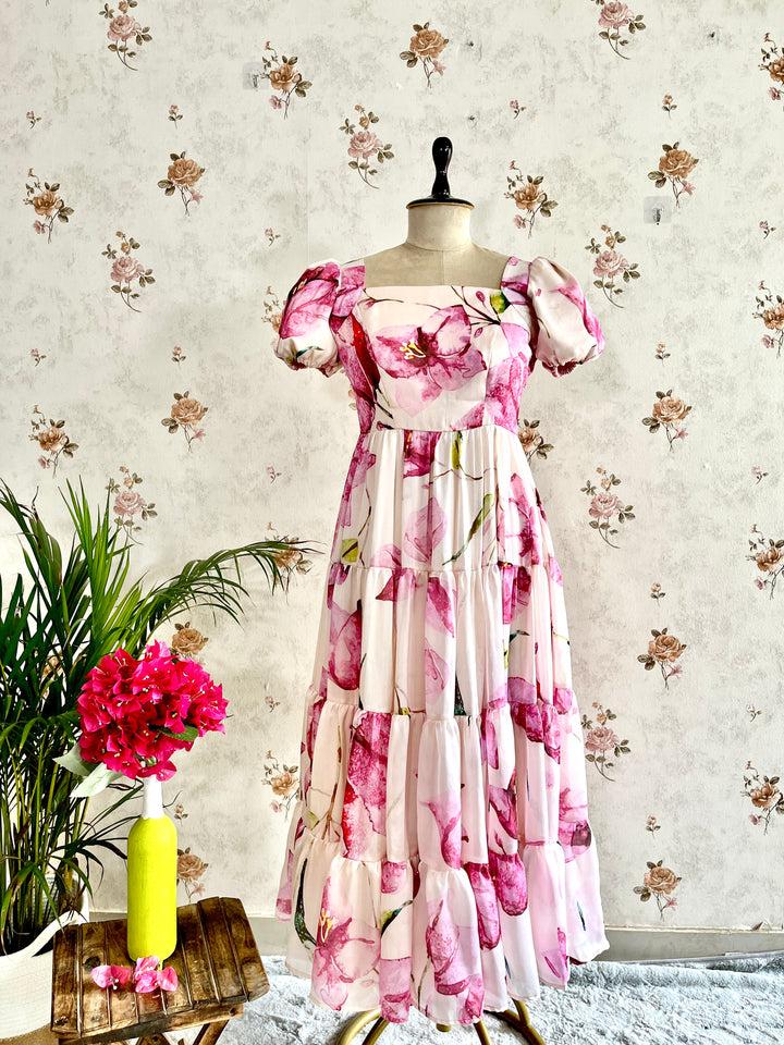Bougainvillea on satin georgette frock