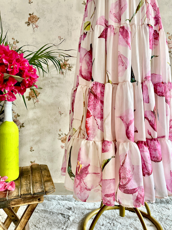 Bougainvillea on satin georgette frock