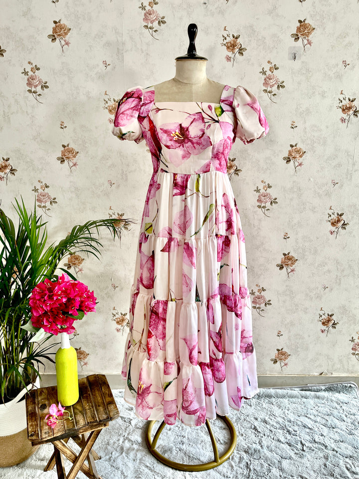 Bougainvillea on satin georgette frock