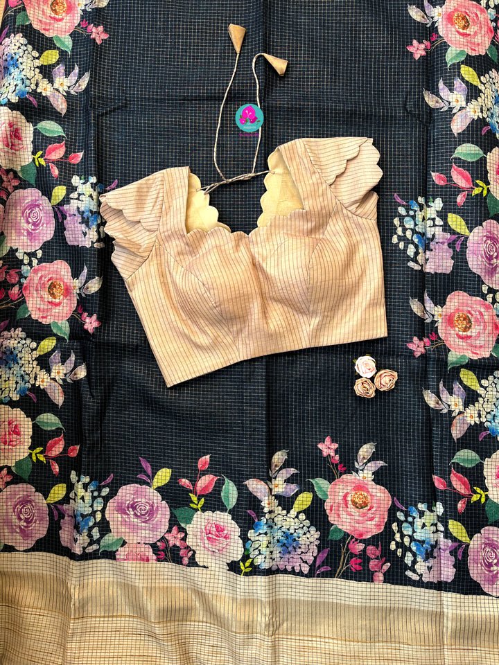 Tussar Zari Checks Saree with Pretty Floral Digital print paired with Blouse