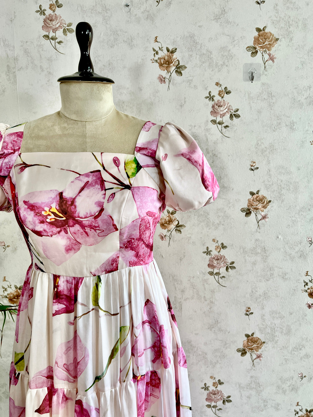Bougainvillea on satin georgette frock