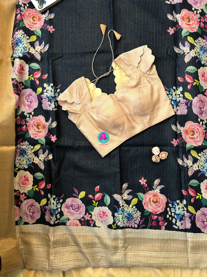 Tussar Zari Checks Saree with Pretty Floral Digital print paired with Blouse