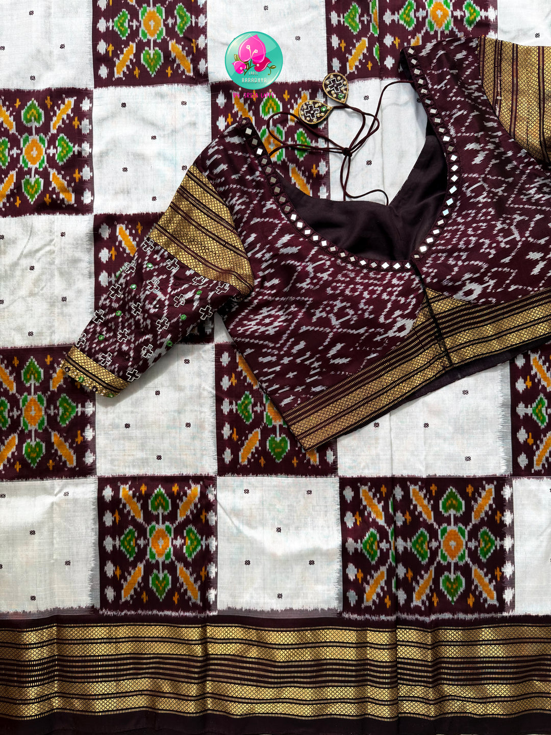 Rhythmic Geometry: The Earthy Brown & Crisp White Pure Silk Ikkat Masterpiece