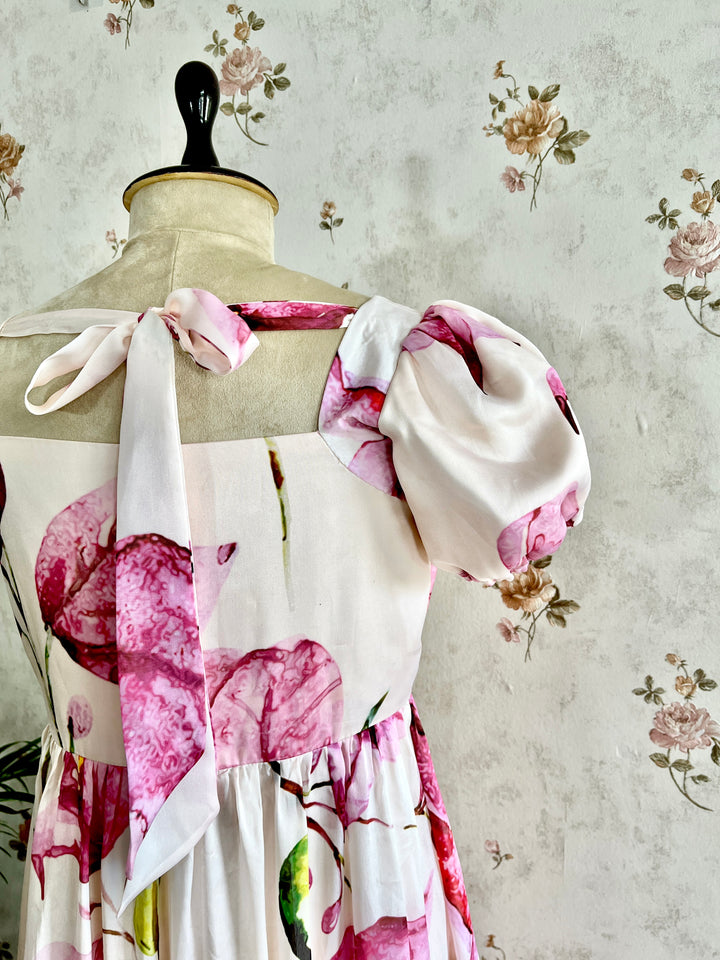 Bougainvillea on satin georgette frock