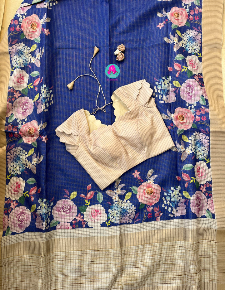 Tussar Zari Checks Saree with Pretty Floral Digital print paired with Blouse