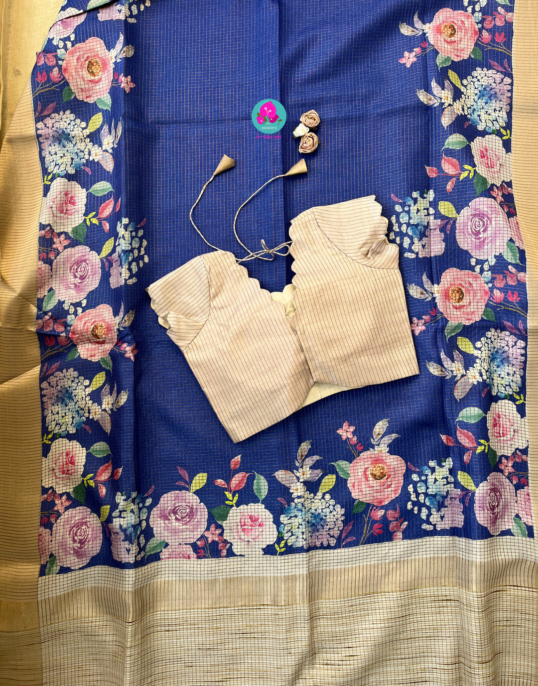 Tussar Zari Checks Saree with Pretty Floral Digital print paired with Blouse