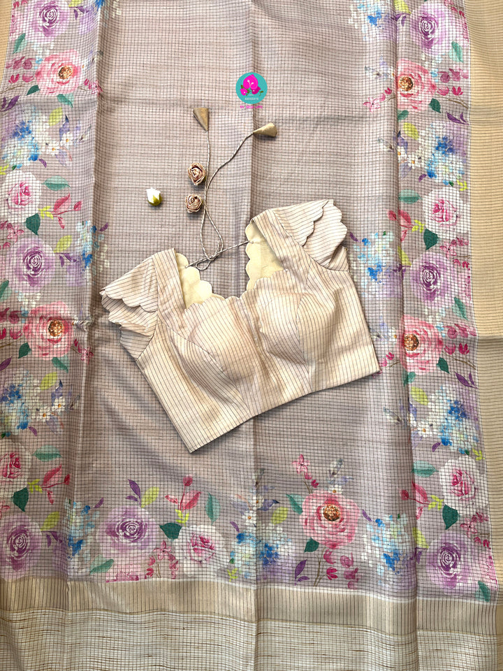 Tussar Zari Checks Saree with Pretty Floral Digital print paired with Blouse