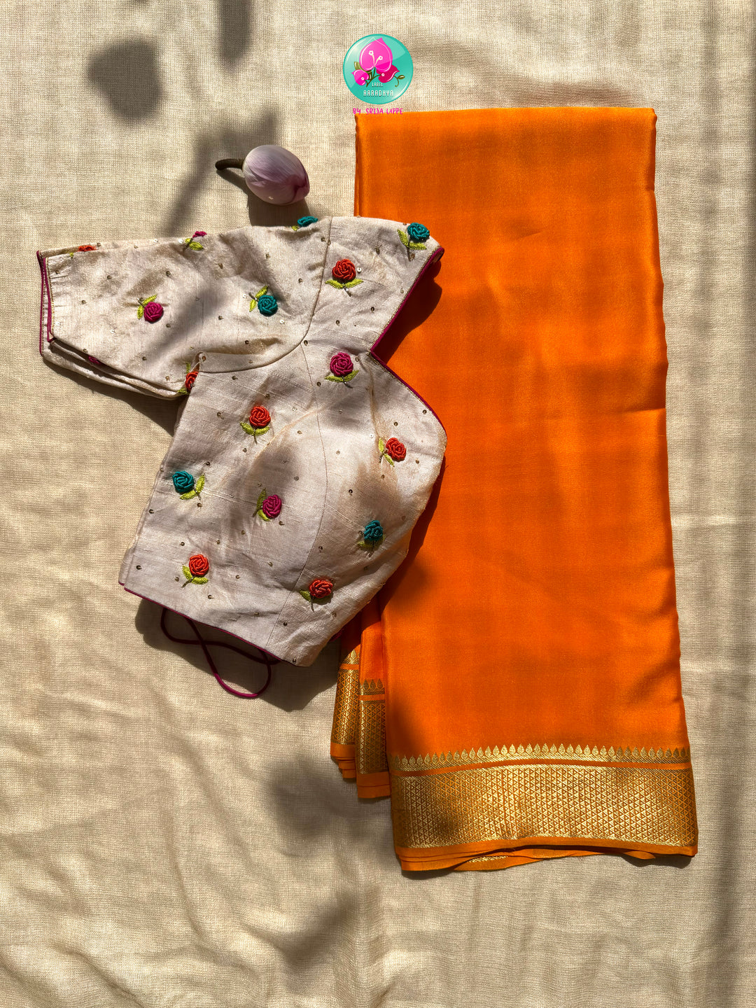 Golden Dawn: Pure 120gsm Mysore Silk & Hand-Embroidered Garden Symphony