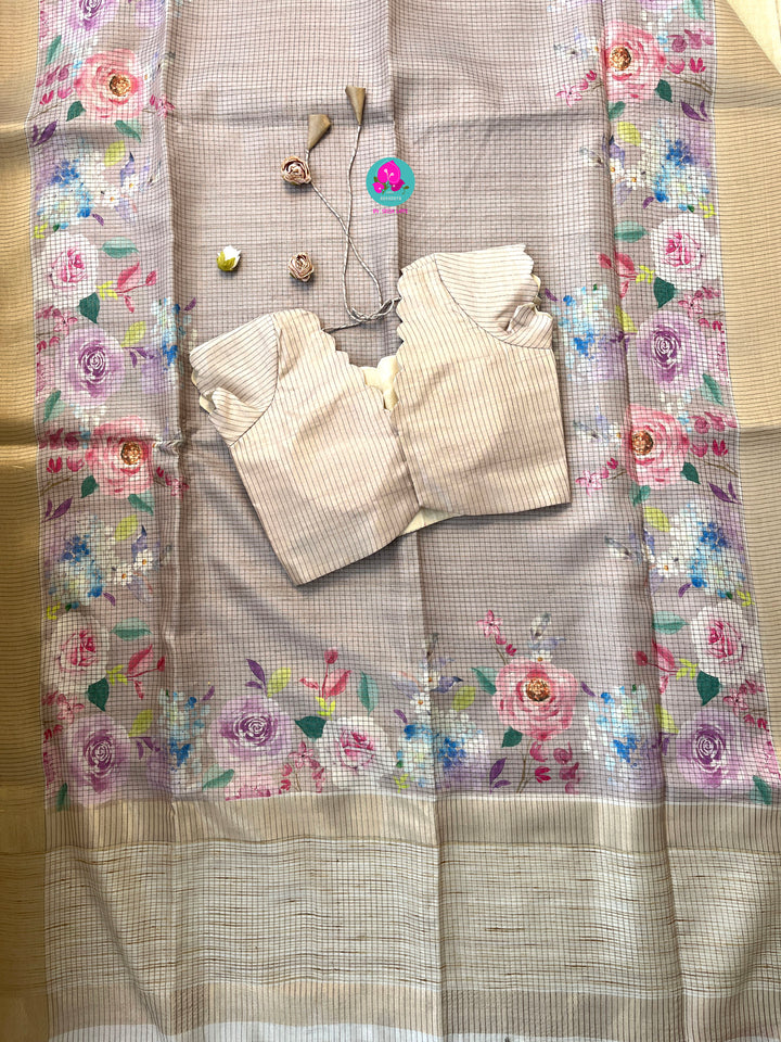 Tussar Zari Checks Saree with Pretty Floral Digital print paired with Blouse