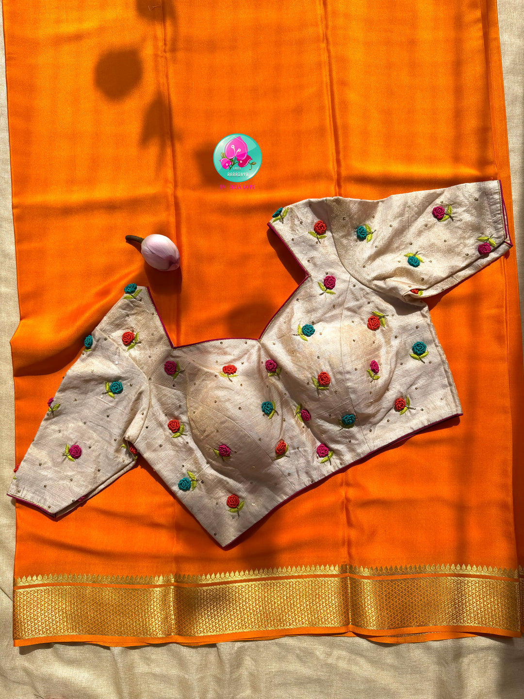 Golden Dawn: Pure 120gsm Mysore Silk & Hand-Embroidered Garden Symphony