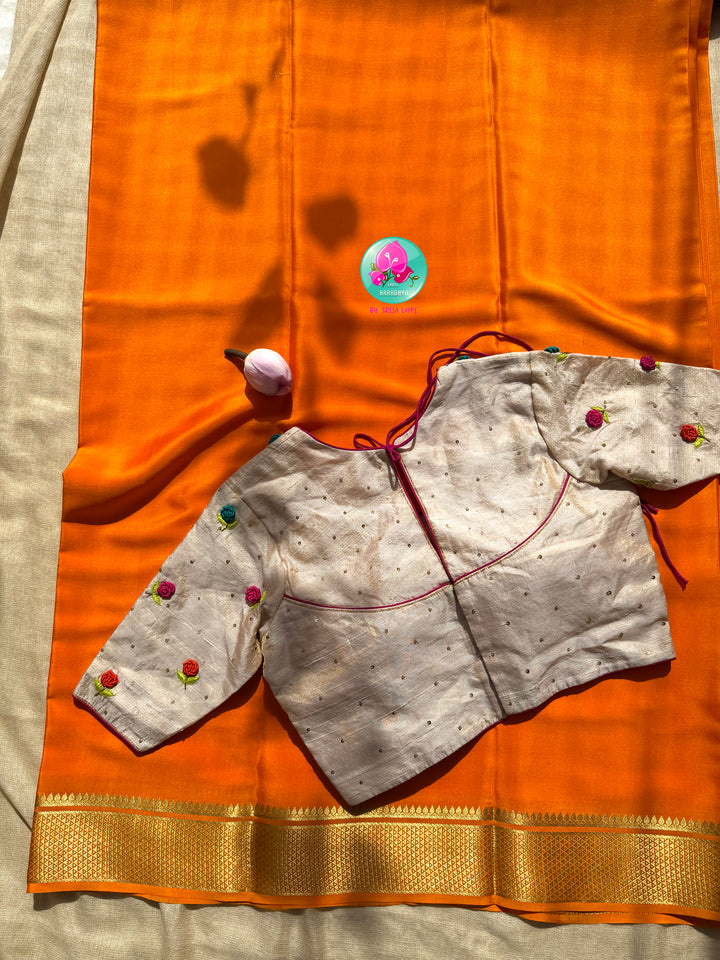 Golden Dawn: Pure 120gsm Mysore Silk & Hand-Embroidered Garden Symphony