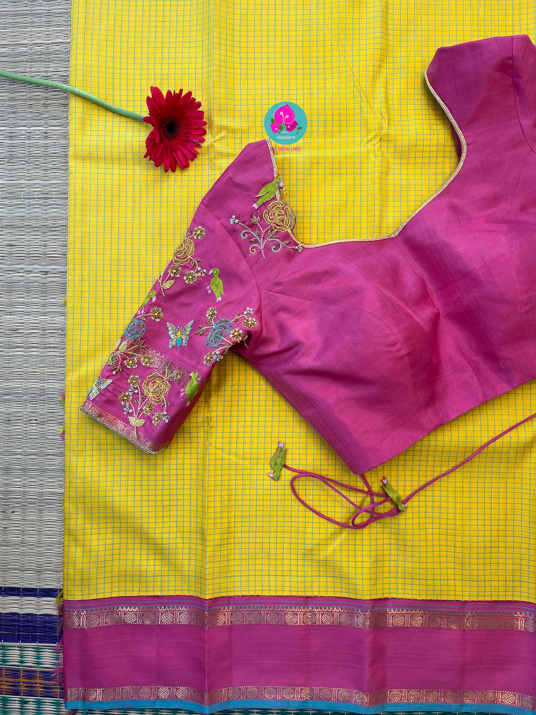 Pure zari Kanchipattu saree in Madras checks and Ganga Jamuna border paired with Hand Embroidered blouse