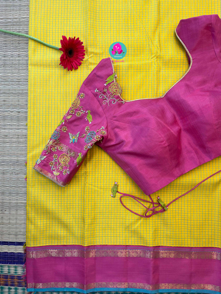Pure zari Kanchipattu saree in Madras checks and Ganga Jamuna border paired with Hand Embroidered blouse