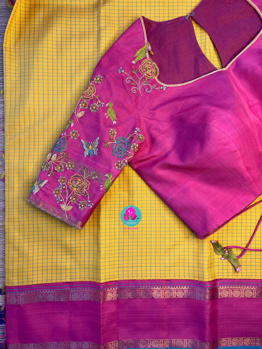 Pure zari Kanchipattu saree in Madras checks and Ganga Jamuna border paired with Hand Embroidered blouse