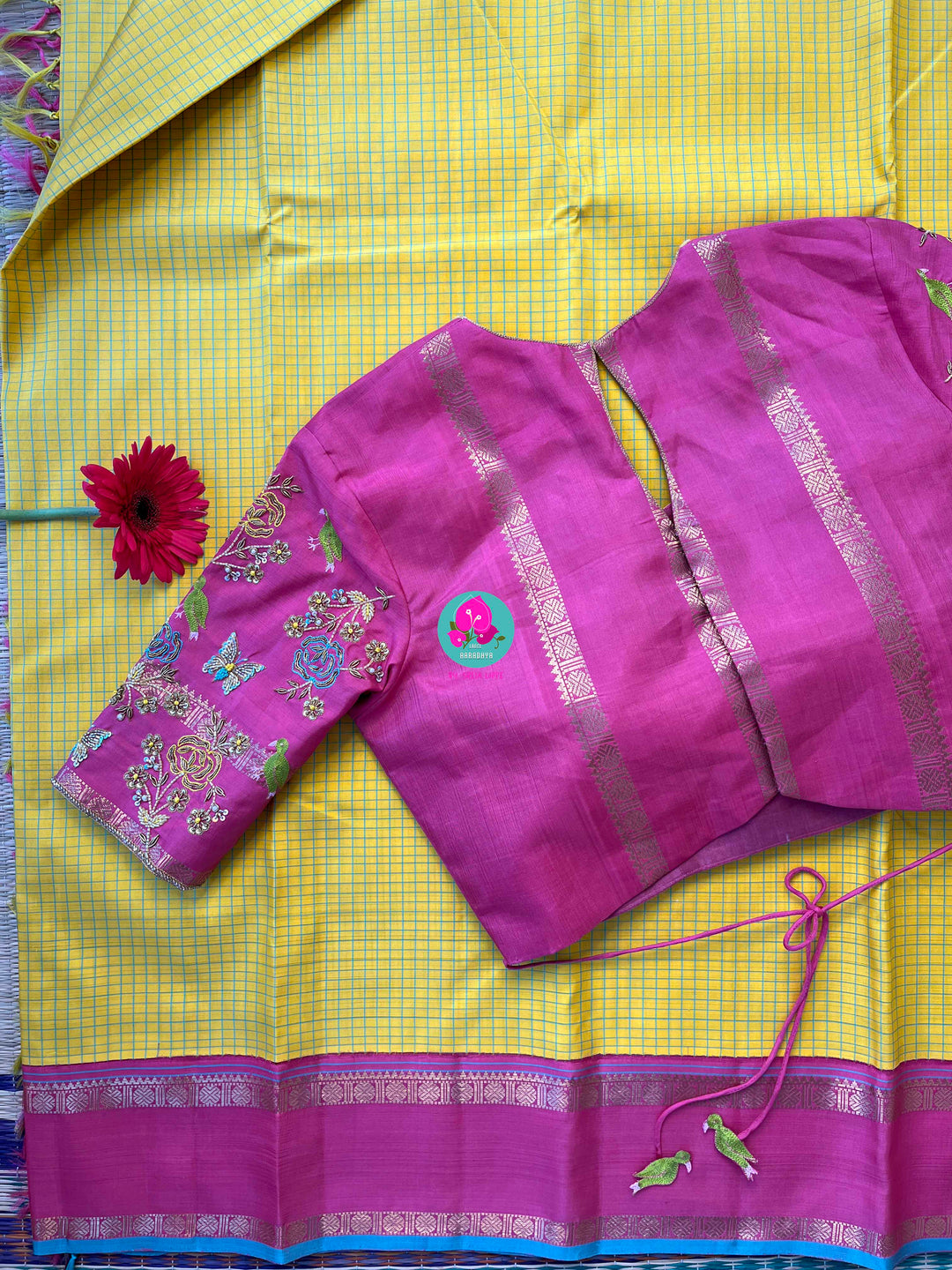 Pure zari Kanchipattu saree in Madras checks and Ganga Jamuna border paired with Hand Embroidered blouse