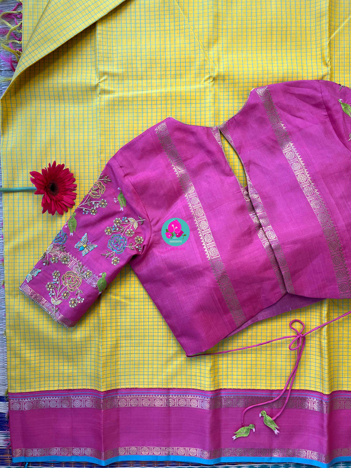 Pure zari Kanchipattu saree in Madras checks and Ganga Jamuna border paired with Hand Embroidered blouse