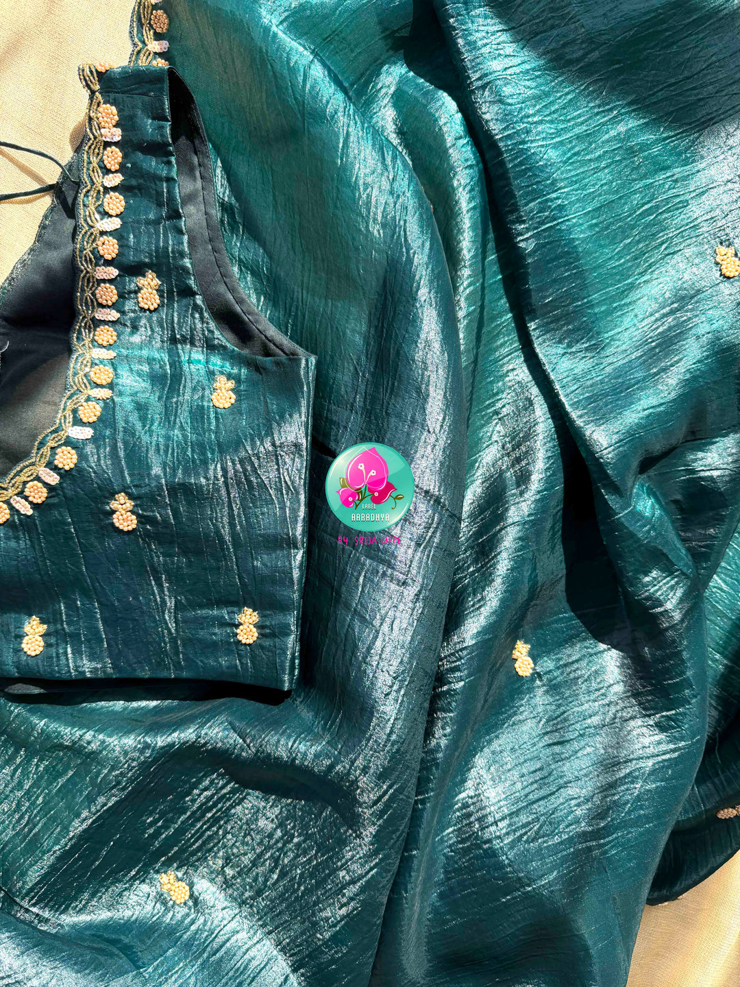 Royal Glamour: Soft Crushed Dark Bottle Green Organza Saree