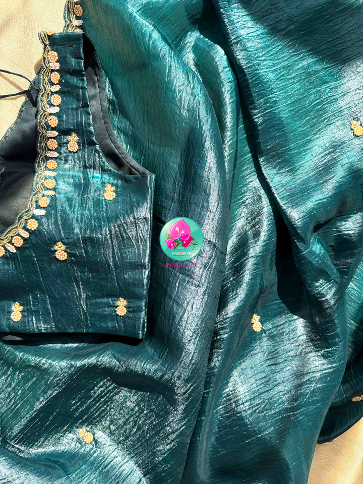 Royal Glamour: Soft Crushed Dark Bottle Green Organza Saree