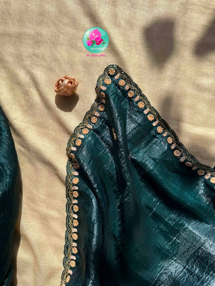 Royal Glamour: Soft Crushed Dark Bottle Green Organza Saree