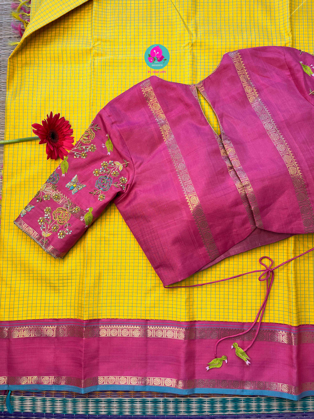 Pure zari Kanchipattu saree in Madras checks and Ganga Jamuna border paired with Hand Embroidered blouse