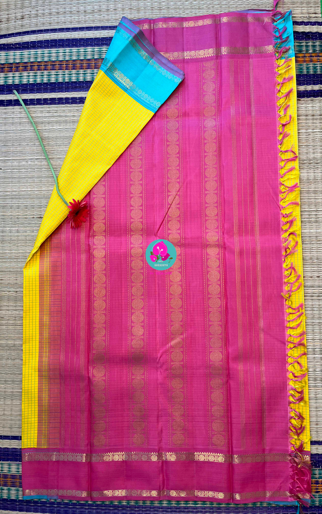 Pure zari Kanchipattu saree in Madras checks and Ganga Jamuna border paired with Hand Embroidered blouse