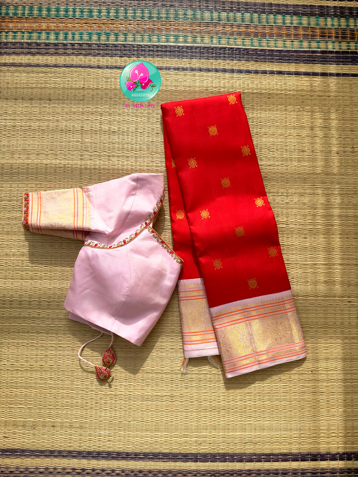 Imperial Radiance: Pure Red Kanchivaram Silk Saree &amp; Pastel Pink Hand-Embroidered Blouse