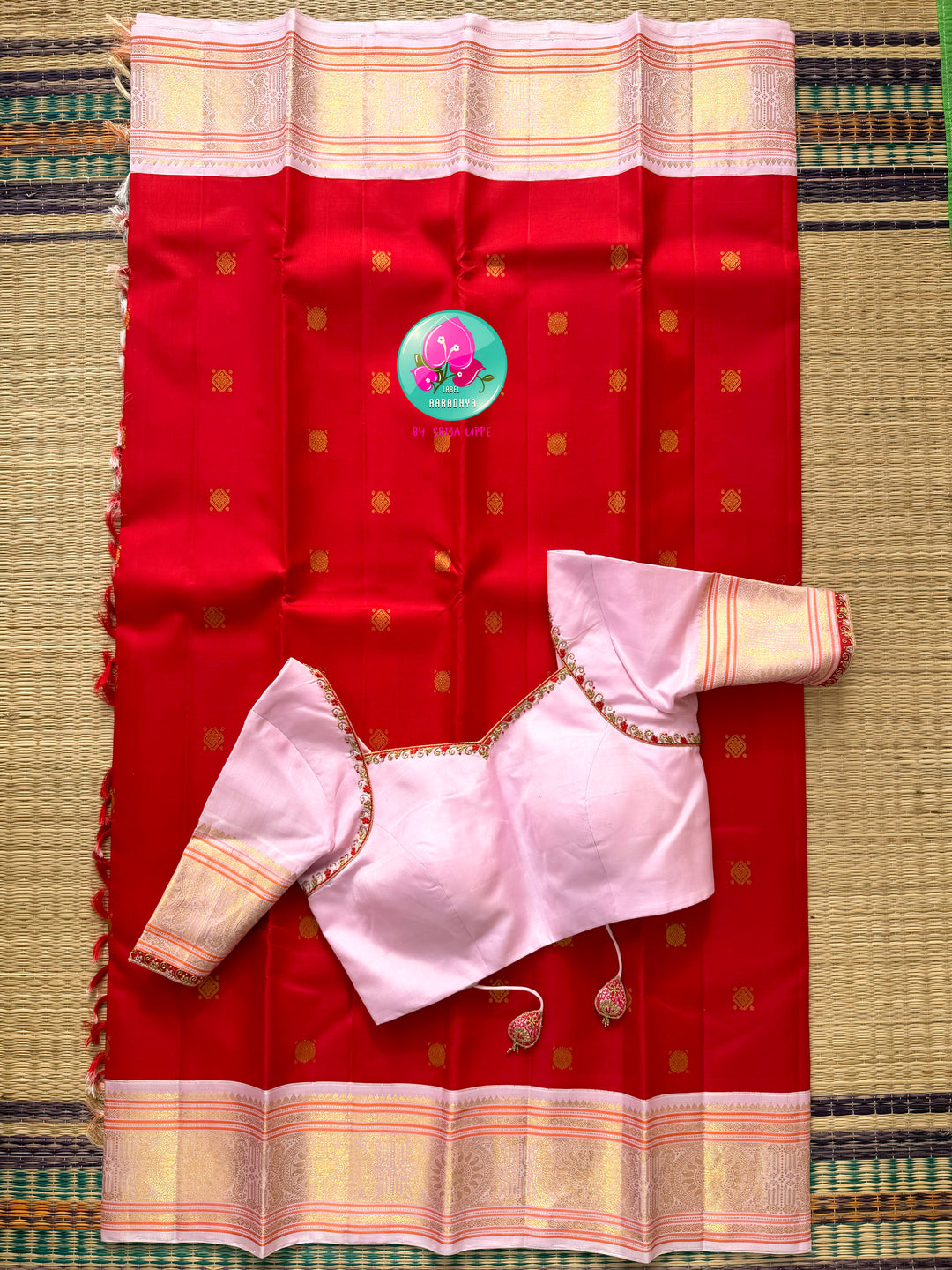 Imperial Radiance: Pure Red Kanchivaram Silk Saree &amp; Pastel Pink Hand-Embroidered Blouse