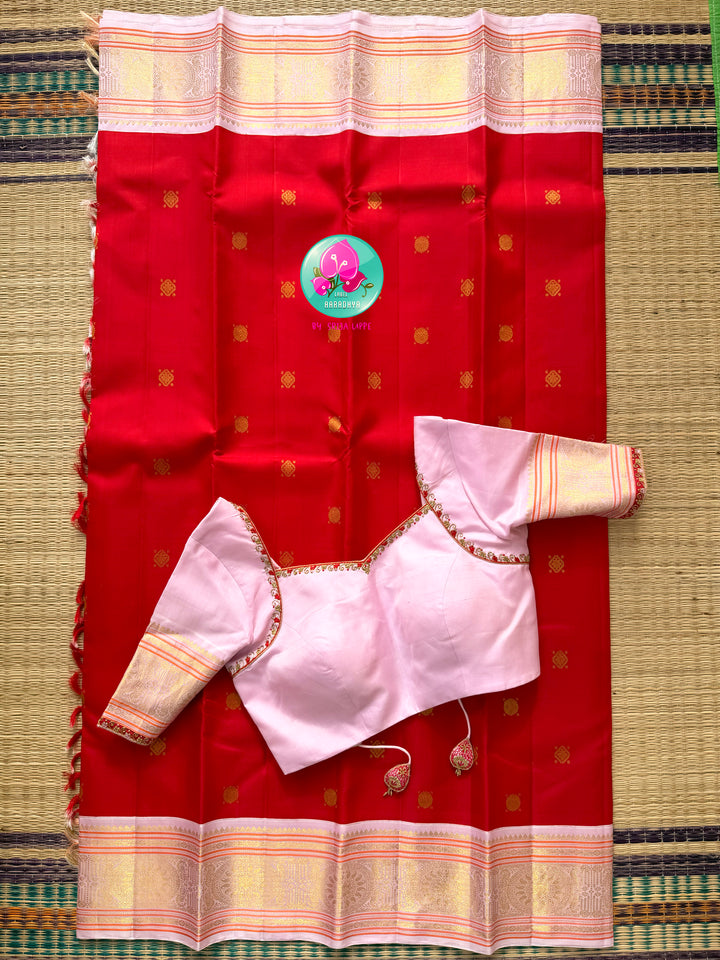 Imperial Radiance: Pure Red Kanchivaram Silk Saree &amp; Pastel Pink Hand-Embroidered Blouse