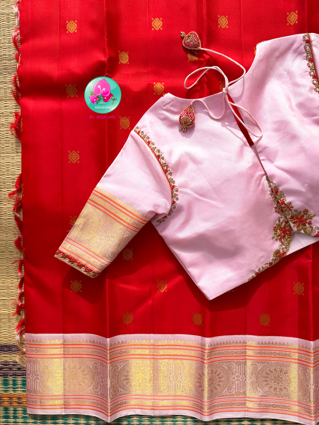 Imperial Radiance: Pure Red Kanchivaram Silk Saree &amp; Pastel Pink Hand-Embroidered Blouse