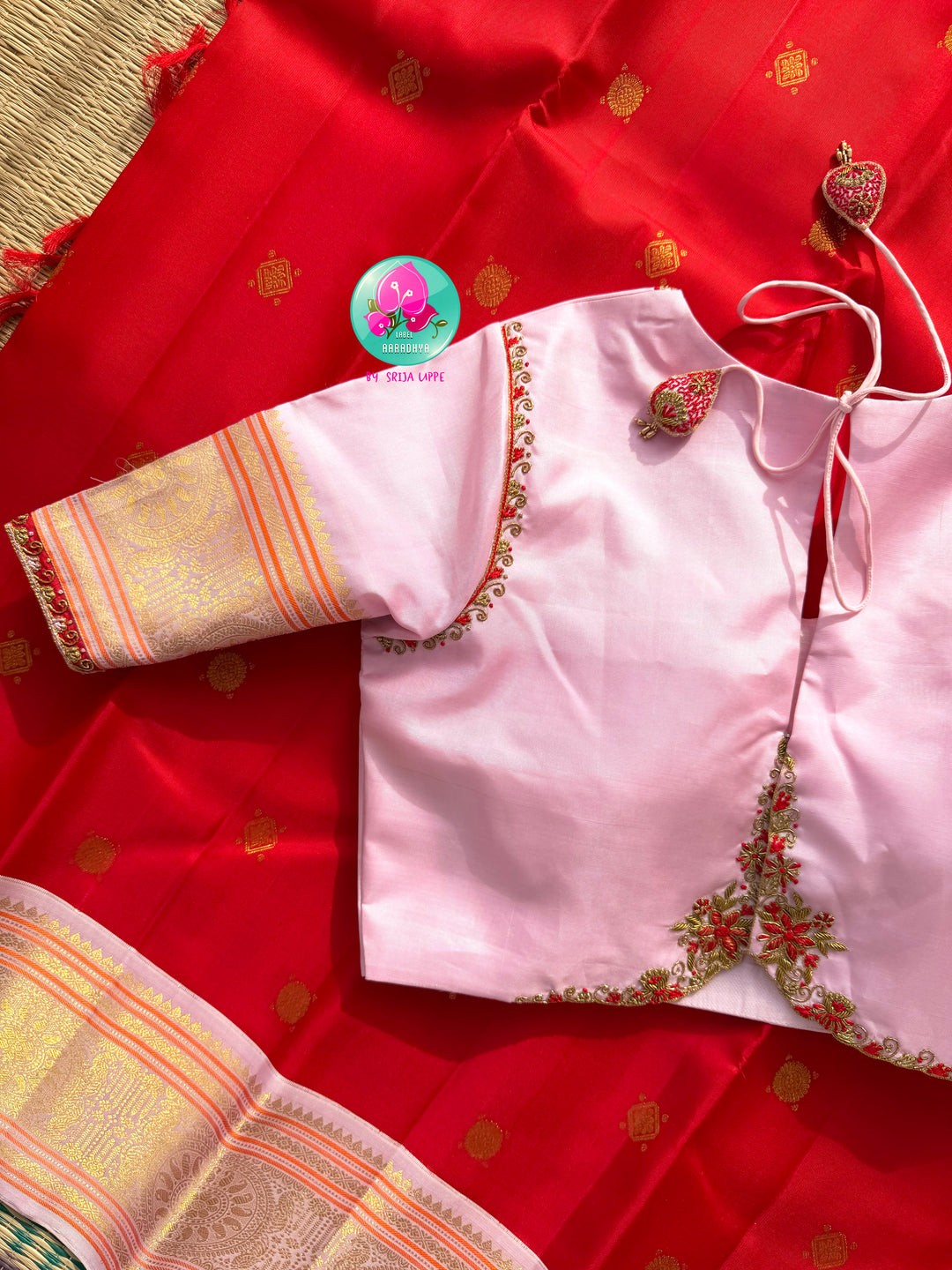 Imperial Radiance: Pure Red Kanchivaram Silk Saree &amp; Pastel Pink Hand-Embroidered Blouse