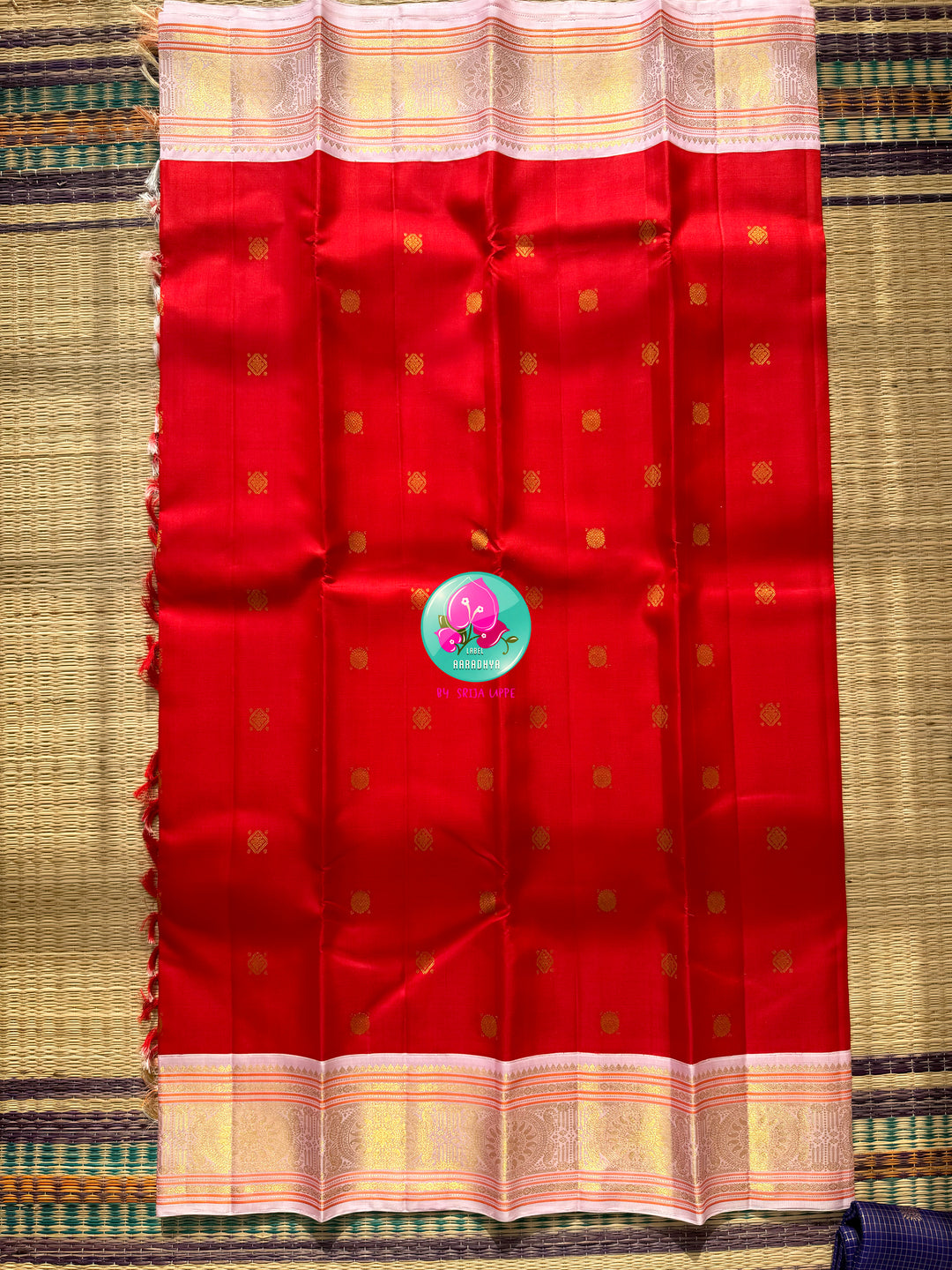 Imperial Radiance: Pure Red Kanchivaram Silk Saree &amp; Pastel Pink Hand-Embroidered Blouse