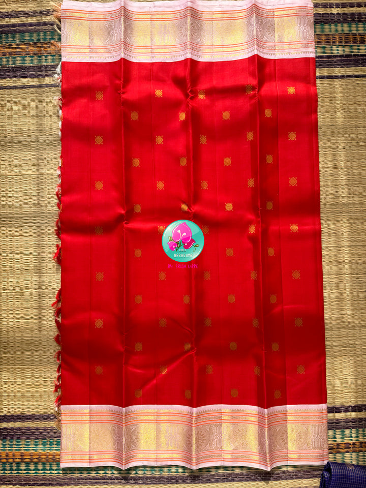 Imperial Radiance: Pure Red Kanchivaram Silk Saree &amp; Pastel Pink Hand-Embroidered Blouse